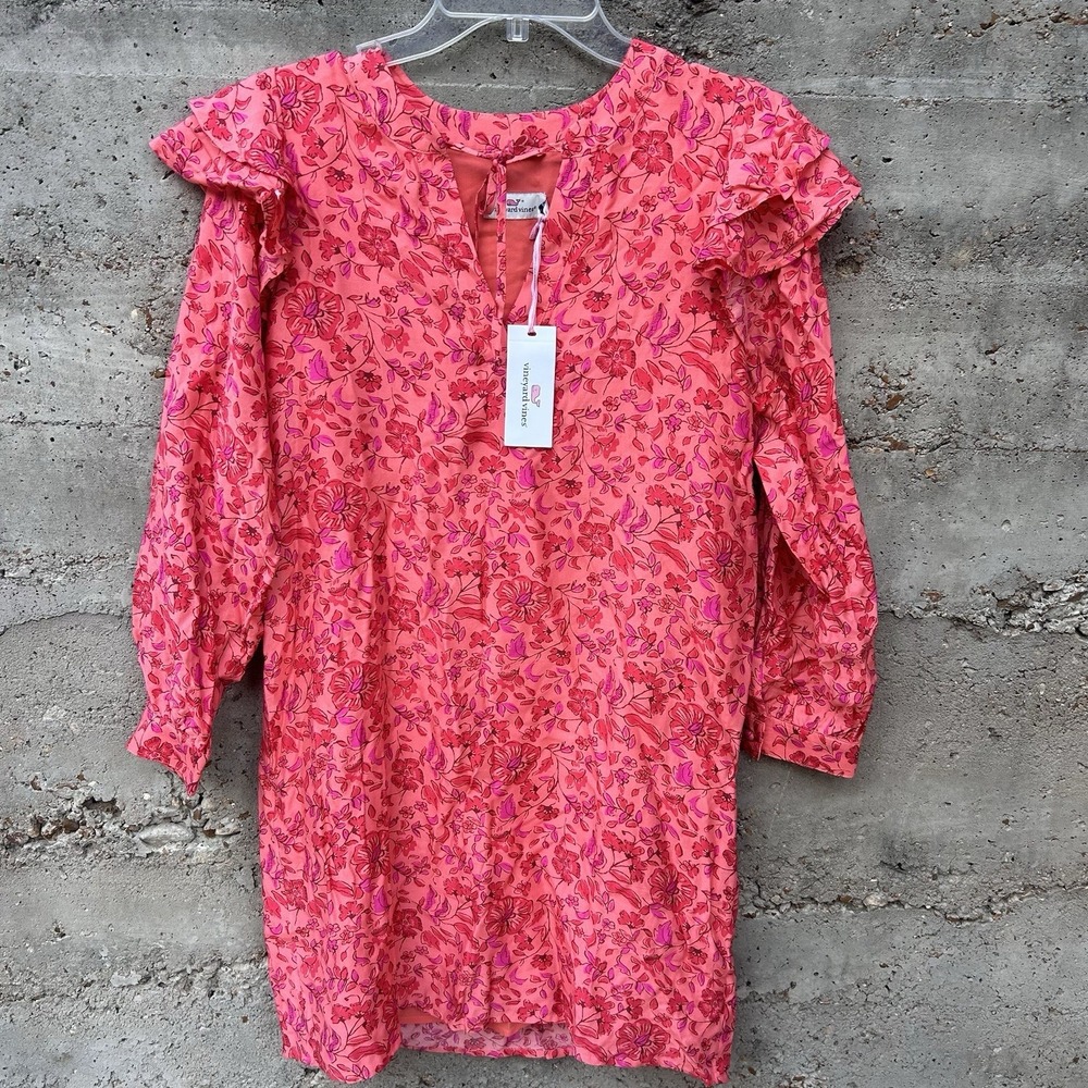 Vineyard Vines Helenium Floral Tunic Dress Silk Blend Coral Pink XS Women's NWT